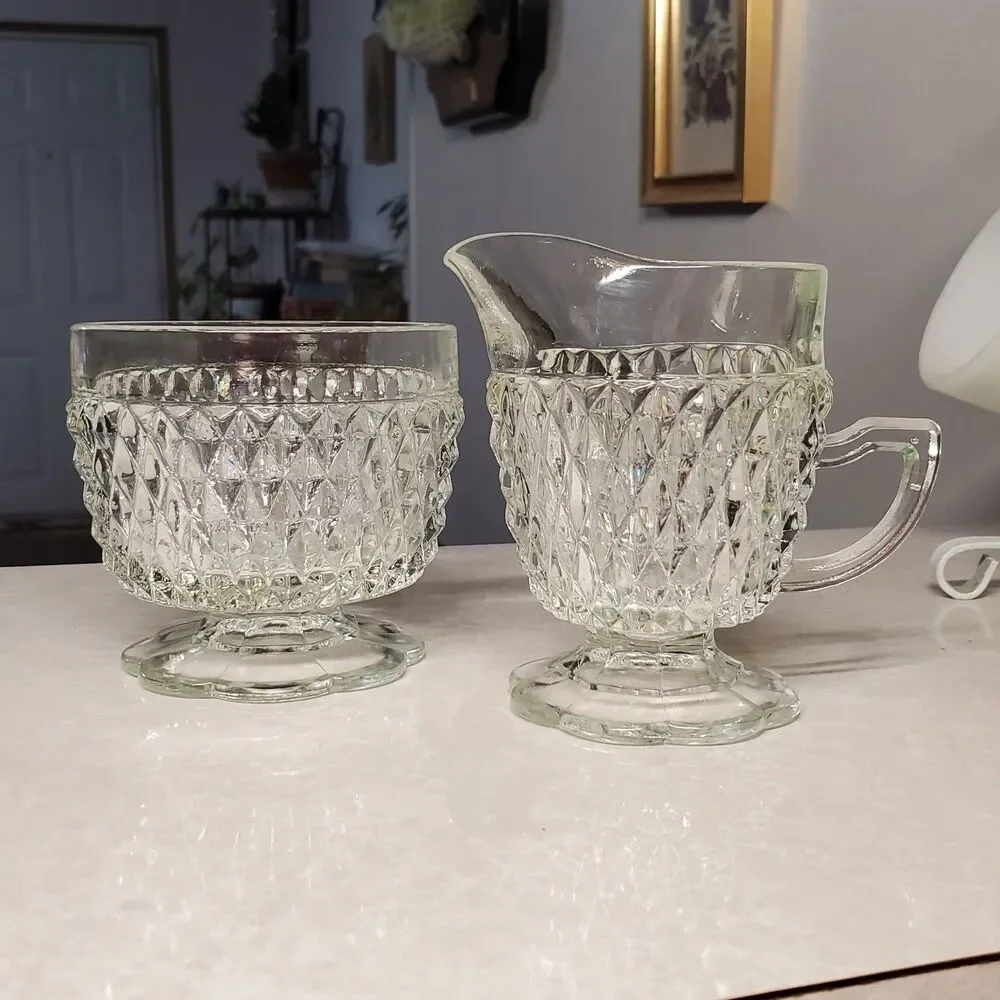 Indiana Glass Diamond Point Crystal Pressed Glass Sugar & Creamer Set Scallop